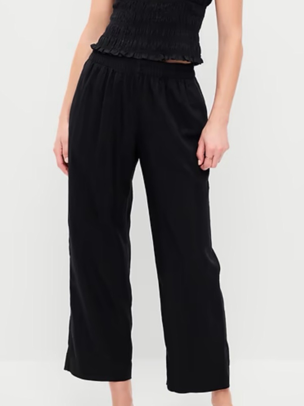 Old Navy Women Medium Petite High Rise Linen Blend Pants Black Elastic-Waist